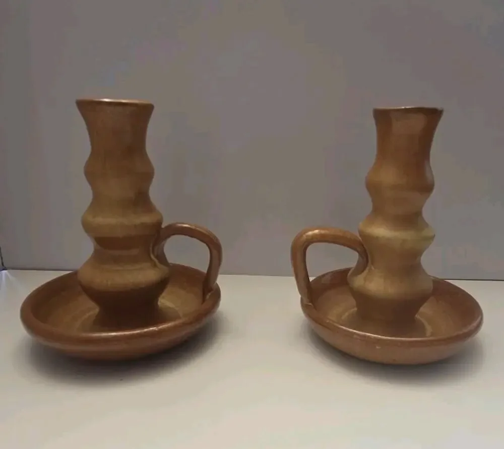 Vintage Studio Pottery Chamberstick Candle Holders Pair Brown Glazed Stoneware
